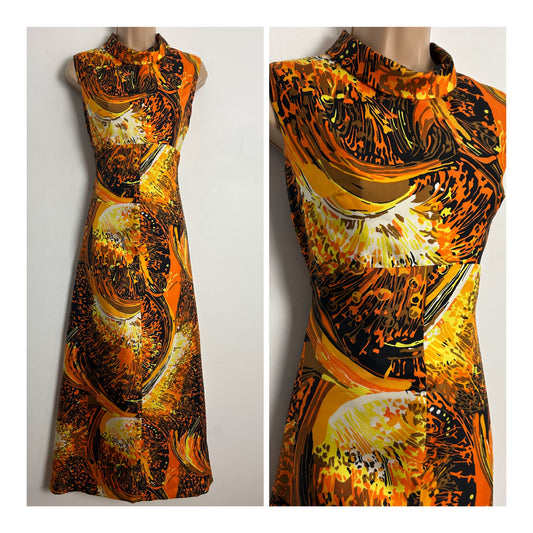 Vintage 1970s UK Size 10-12 Gorgeous Orange Yellow Brown & White Abstract Floral Print Sleeveless Maxi Dress