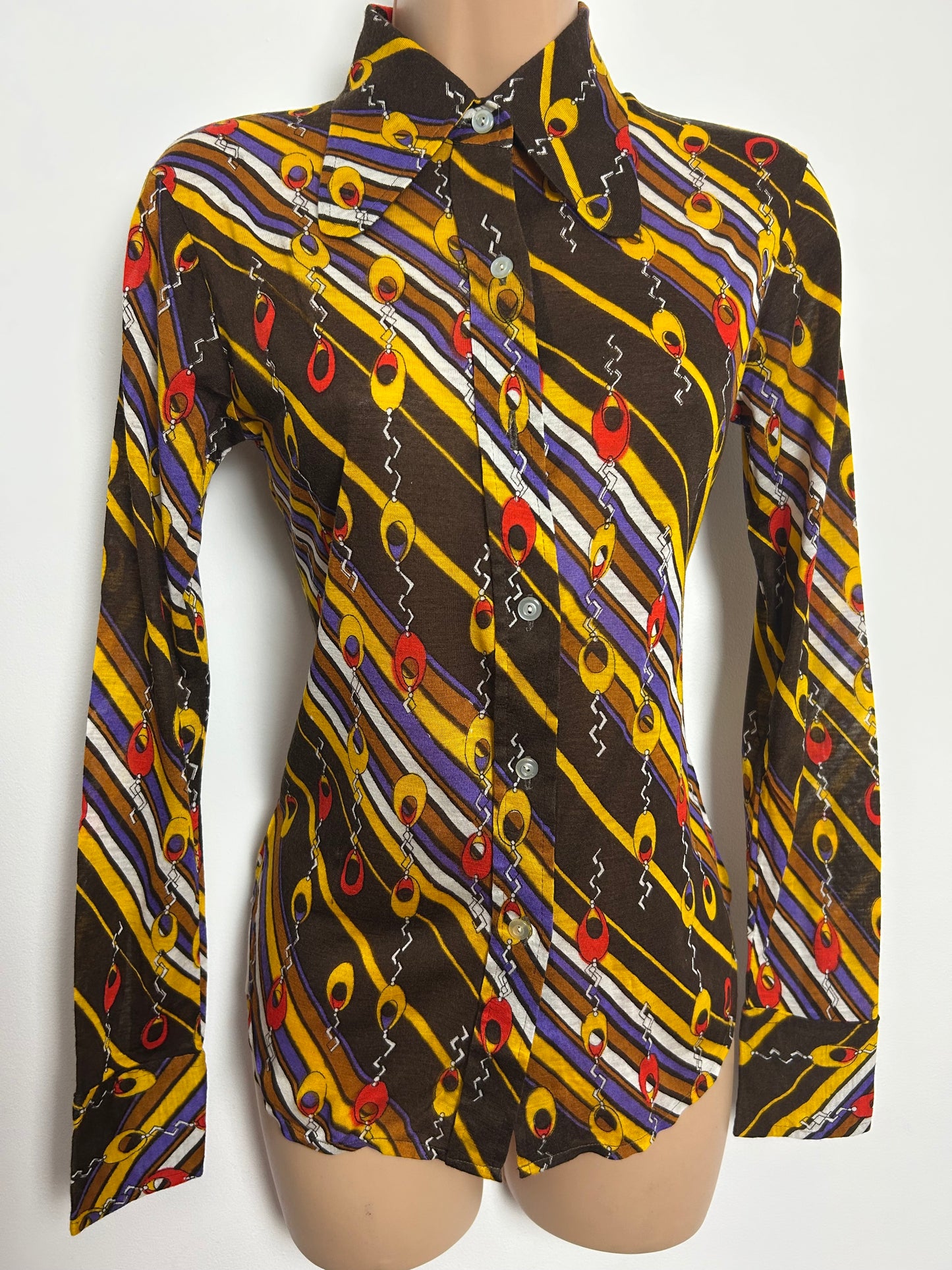 Vintage 1970s SAINT CLOUD Size 6-8 Brown Mustard Red & Purple Abstract Print Beagle Collar Shirt