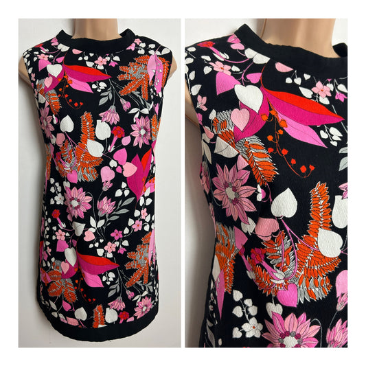 Vintage 1960s CLERALINE Size 10 Black Pink Orange & White Floral Print Tunic Top