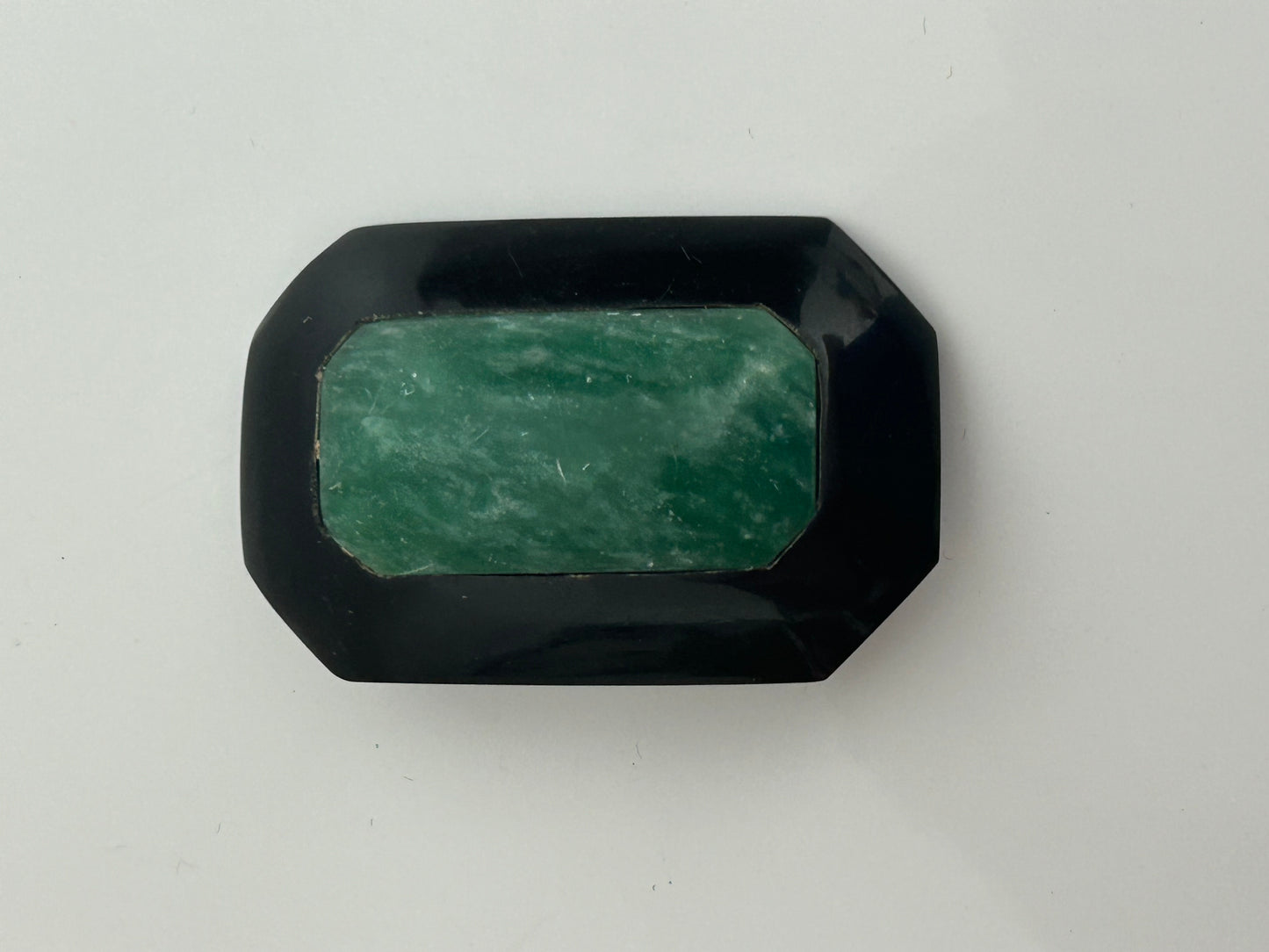 Vintage Homemade Black & Green Marble Effect Plastic Art Deco Shape Pin Brooch