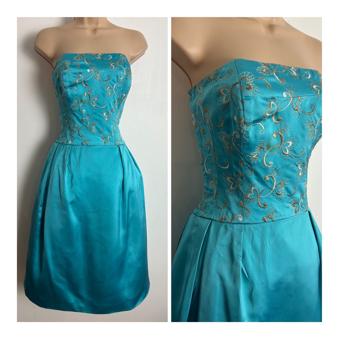 Vintage Early 1960s BERNARD FRERES Size 10 Turquoise Satin Embroidered Bodice Party Prom Occasion Dress