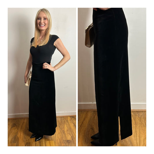 Vintage 1970s UK Size 8 Black Cotton Velvet Split Detail Column Style Maxi Skirt