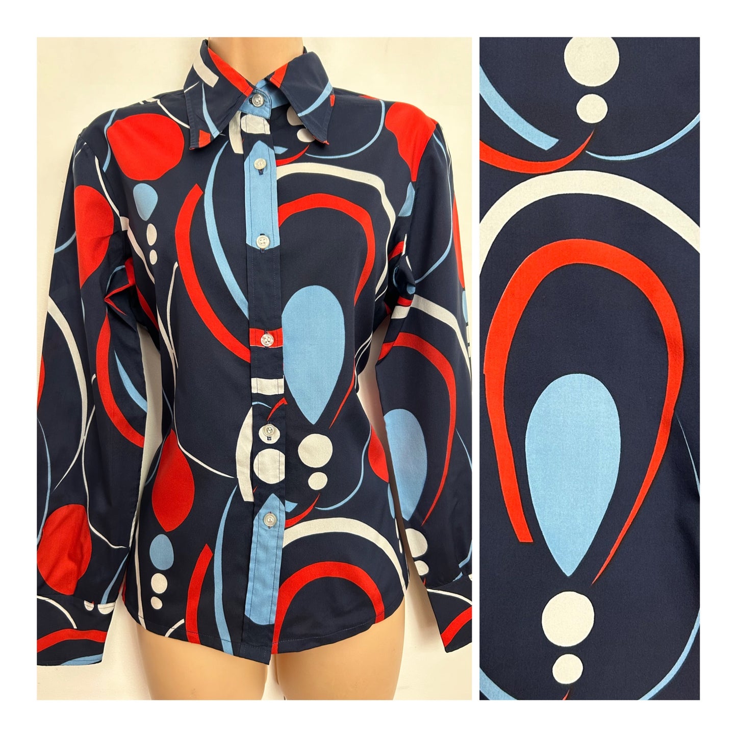 Vintage 1970s PHILLIPE DERE PARIS UK Size 12-14 Navy Blue Red White & Paler Blue Abstract Print Long Sleeve Dagger Collar Shirt