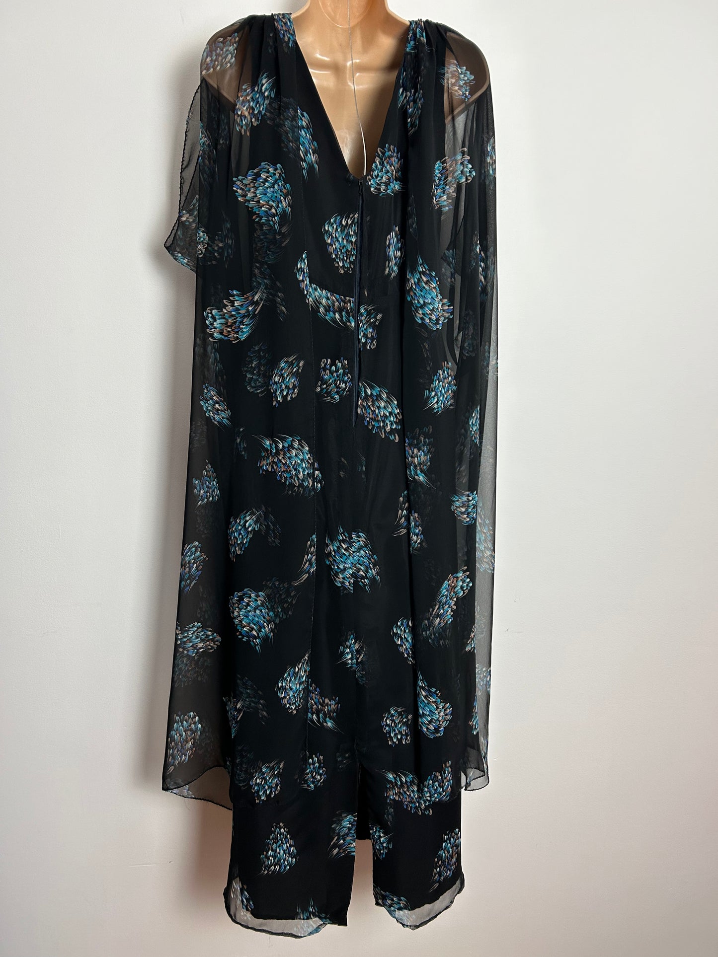 Vintage 1970s UK Size 10-12 Black Blue & Brown Abstract Feather print Cold Shoulder Cape Sleeve Boho Maxi Dress