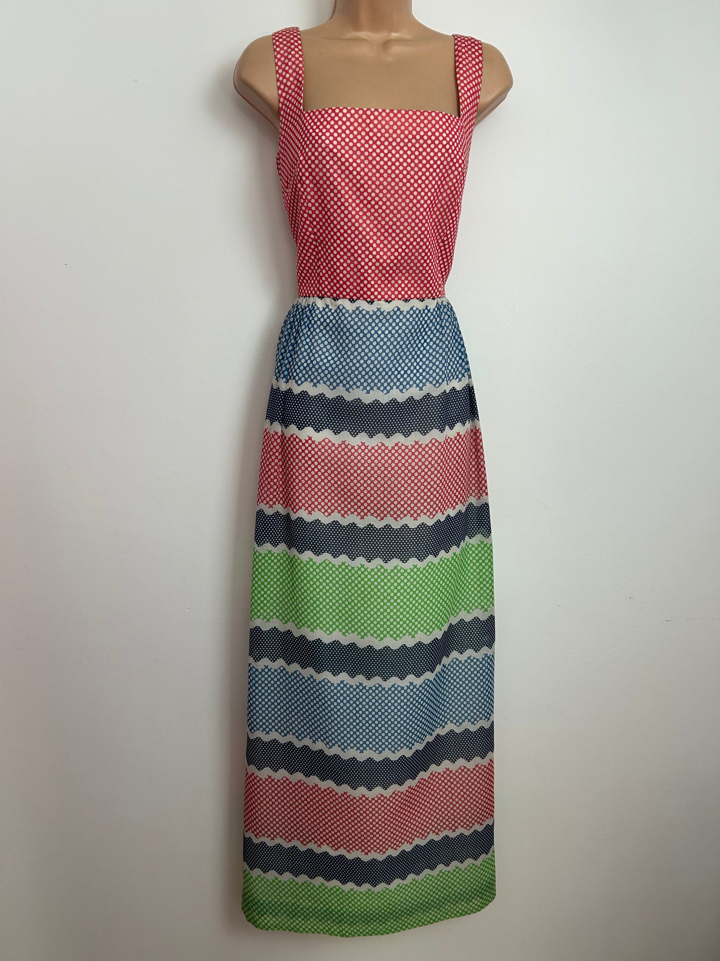 Vintage 1970s ROTER COUTURE Size 10 Red Blue Green & White Polka Dot Cotton Mix Summer Maxi Dress