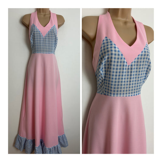 Vintage 1970s Size 8 Pink Blue & White Gingham Check Halter Neck Summer Maxi Dress