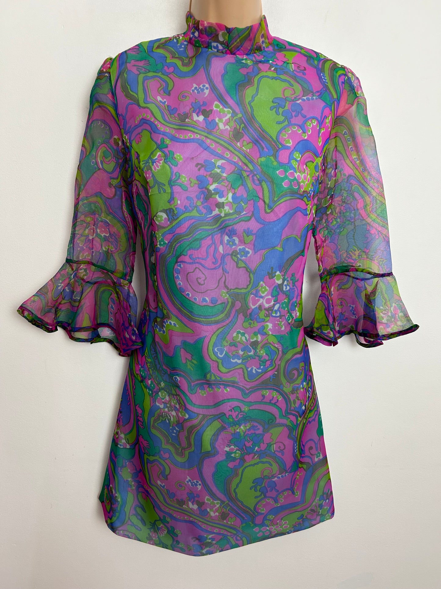 Vintage 1960s UK Size 6-8 Green Pink & Blue Psychedelic Print Chiffon Mini Mod Shift Dress