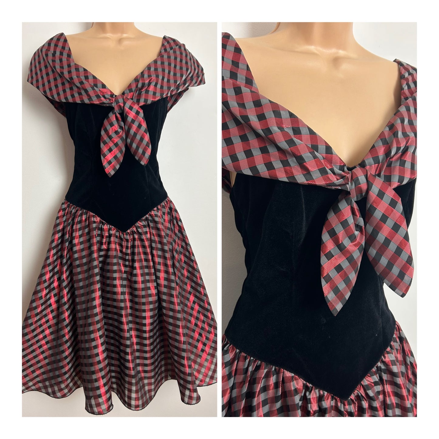 Vintage 1980s JAHN & PILL Size 8 Black Red & Grey Tartan Check Velvet & Taffeta Xmas Party Prom Dress
