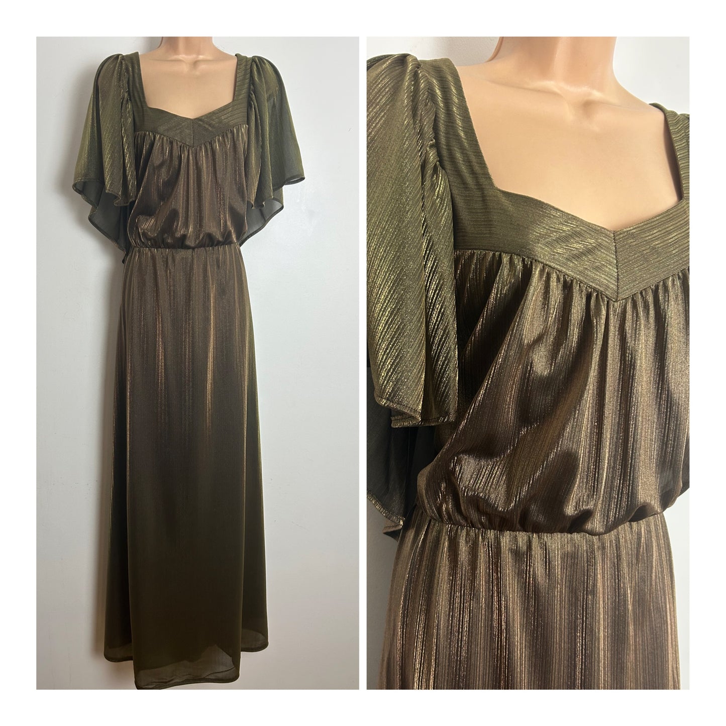 Vintage 1970s Size 14 Dark Shimmery Gold Cape Sleeve Occasion Maxi Dress