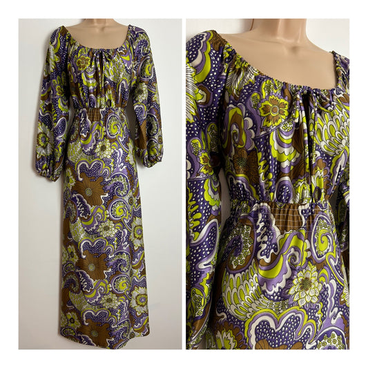 Vintage 1970s RICHARD SHOPS UK Size 10 Purple Green & Brown Psychedelic Floral Print On/Off Shoulder Long Sleeve Maxi Dress