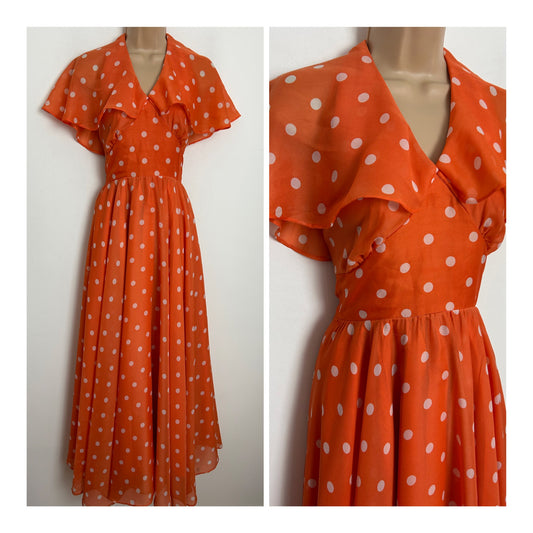 Vintage Early 1970s Size 6-8 Orange & White Polka Dot Print Halter Neck Cape Sleeve Summer Maxi Dress