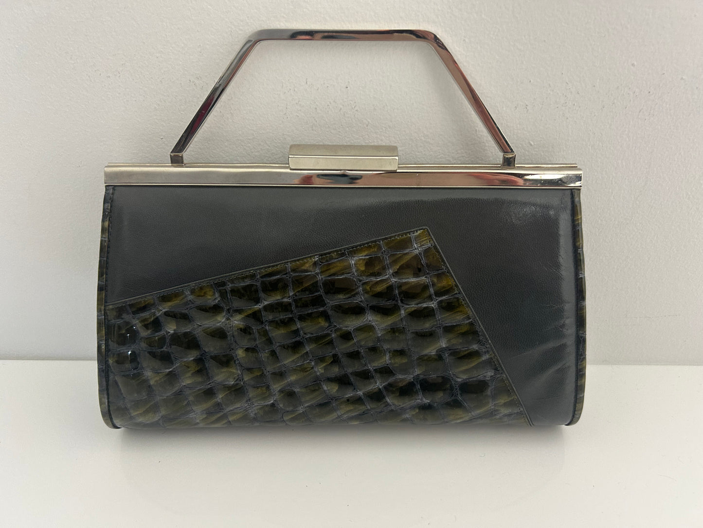 Vintage Early 1980s RENATA. Italy Grey & Dark Green Tones Mock Reptile Panel Clutch Or Shoulder Bag