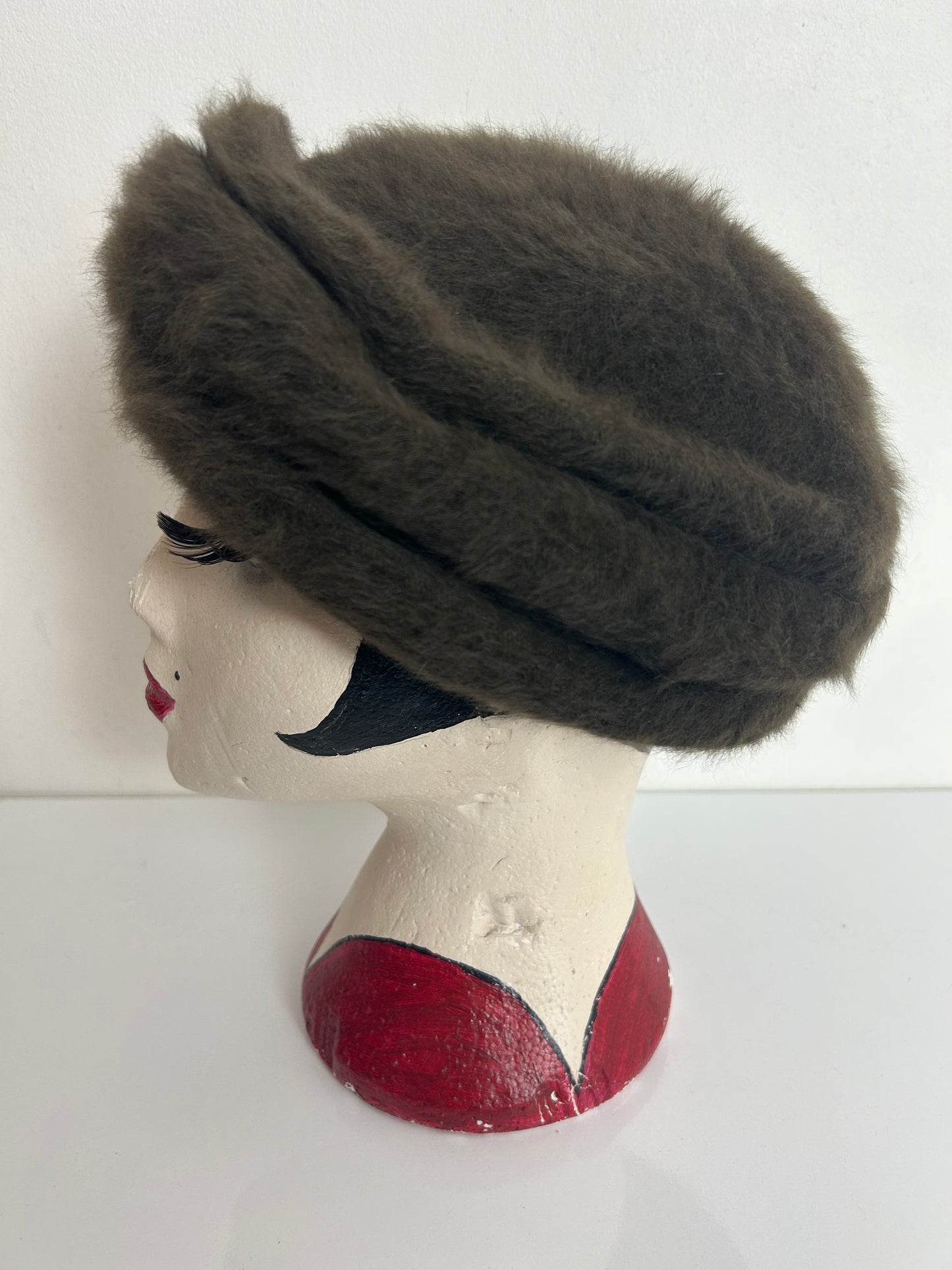 Vintage 1960s Moss Green Angora Mix Pill Box Style Hat