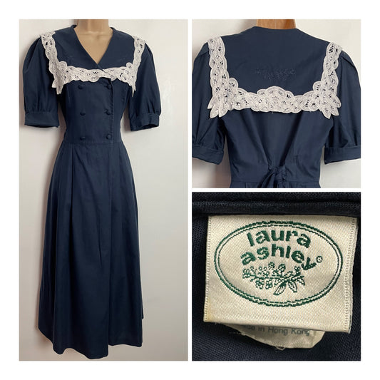 Vintage 1980s LAURA ASHLEY UK Size 12 Navy Blue & Cream Lace Linen Mix Sailor Collar Dress