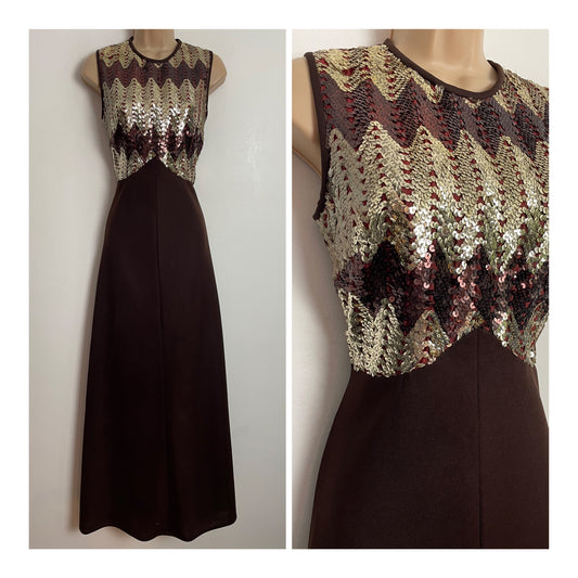 Vintage 1970s UK Size 8 Gorgeous Brown Gold & Bronze Sequin Embellished Evening Maxi Dress