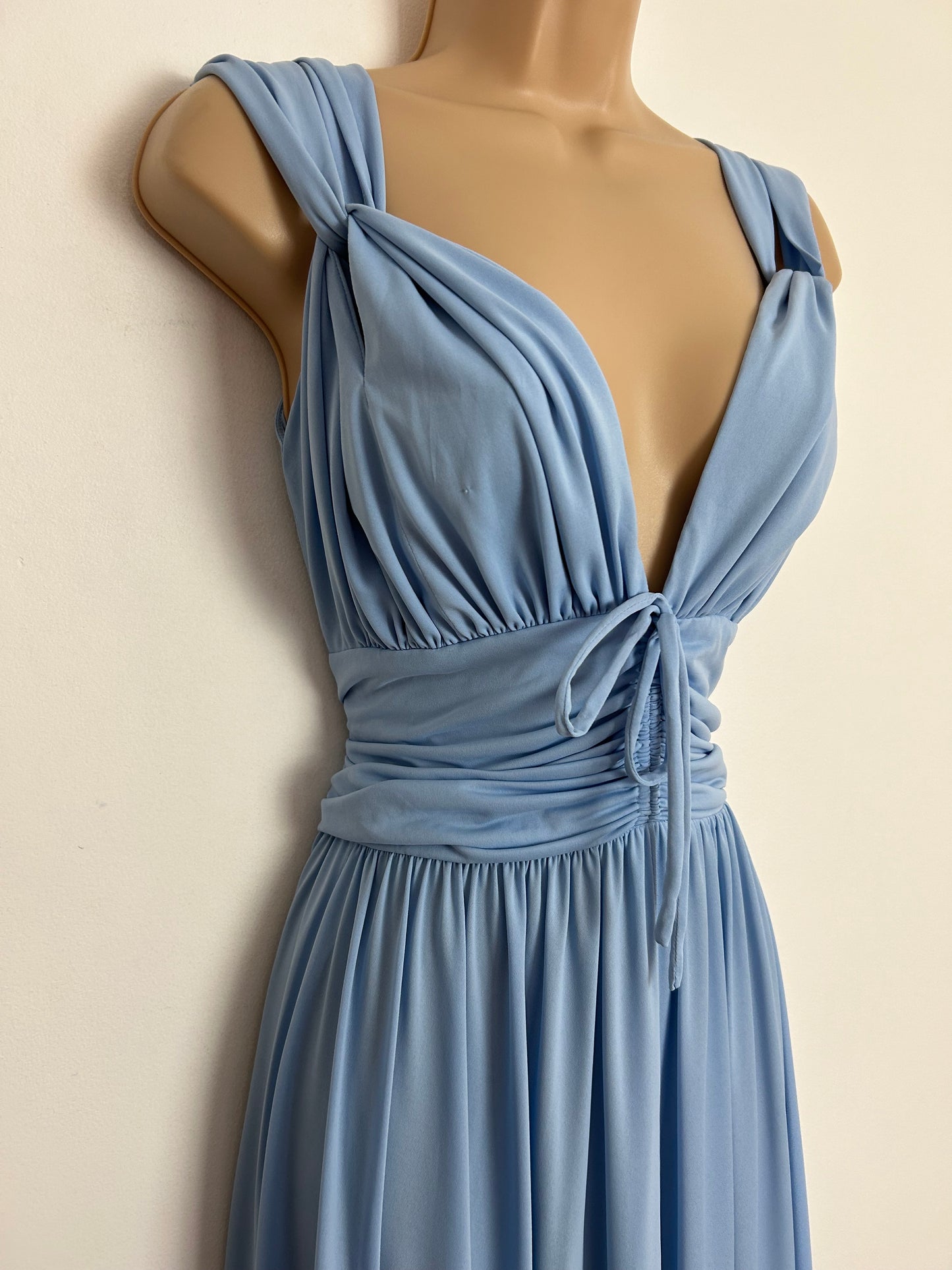 Vintage 1970s JOHN CHARLES UK Size 6-8 Beautiful Powder Blue Plunge Neck Special Occasion Maxi Dress