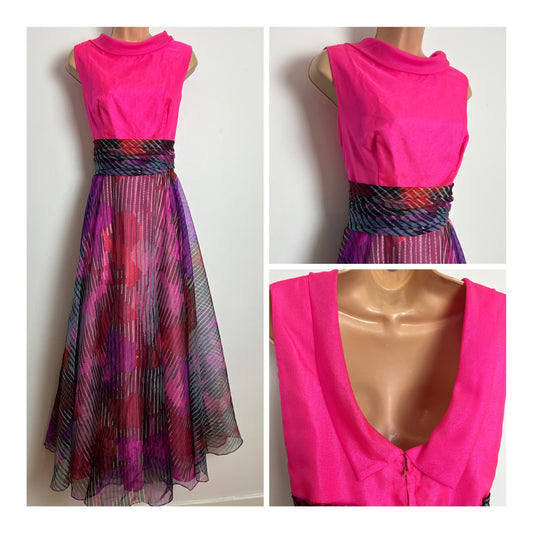 Vintage Early 1970s CALIFORNIA "THE LOOK YOU LOVE" Size 12 Pink Purple Black & Grey Stripe Print Occasion Maxi Dress