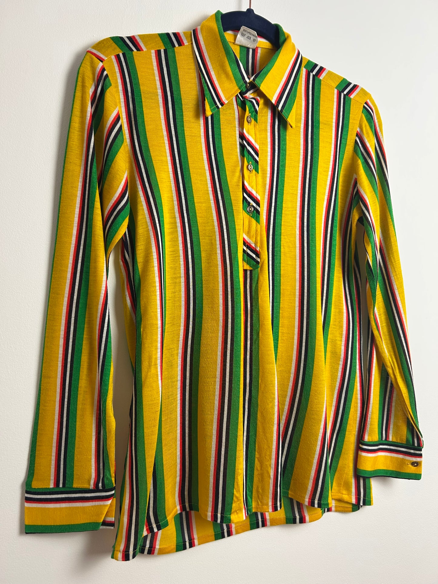 Vintage 1970s Size 8-10 Yellow Green White & Red Stripe Print Long Sleeve Shirt