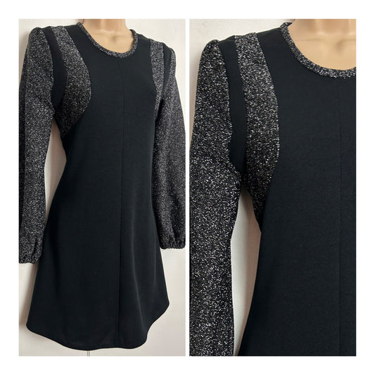 Vintage 1970s UK Size 8-10 Black & Silver Lurex Detail Long Sleeve Mini Shift Party Mod Dress