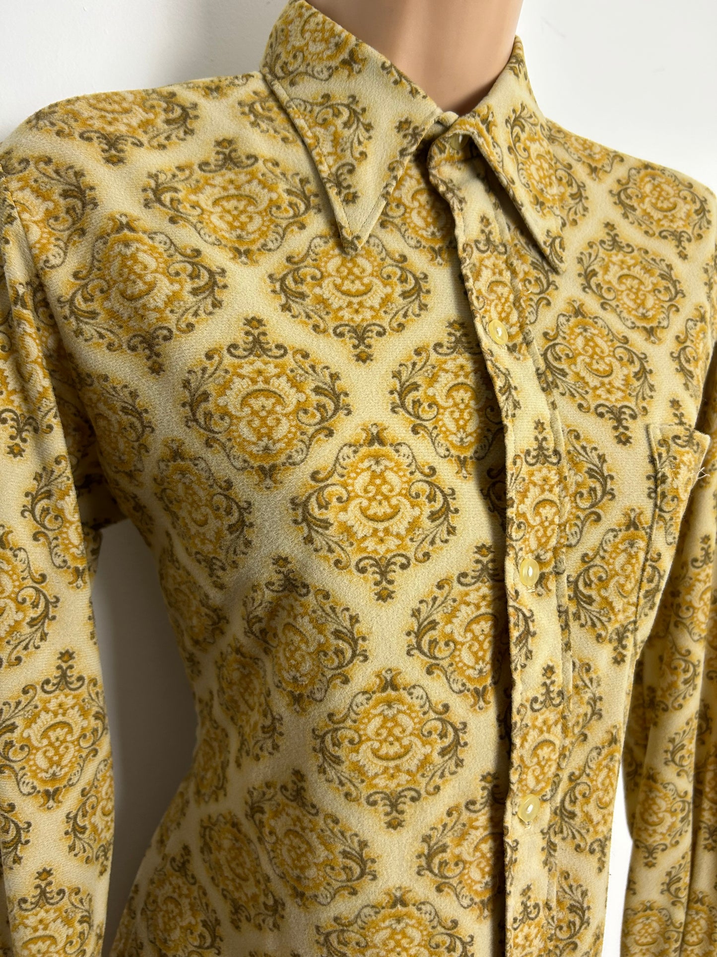 Vintage 1970s Size 12 Sandy Beige Tone Nouveau Scarf Print Long Sleeve Shirt