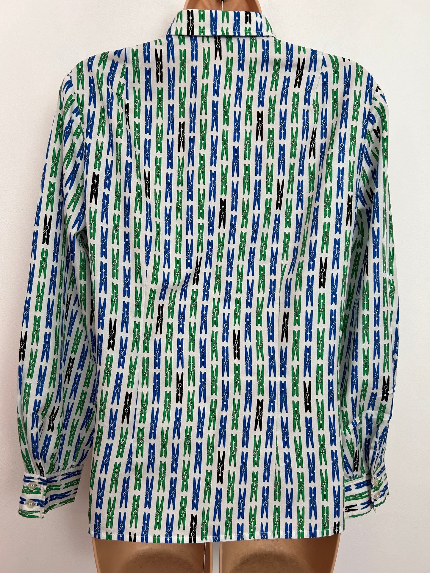 Vintage 1970s PAUL MAUSNER UK Size 14 White Blue Green & Black Peg Novelty Print Long Sleeve Shirt