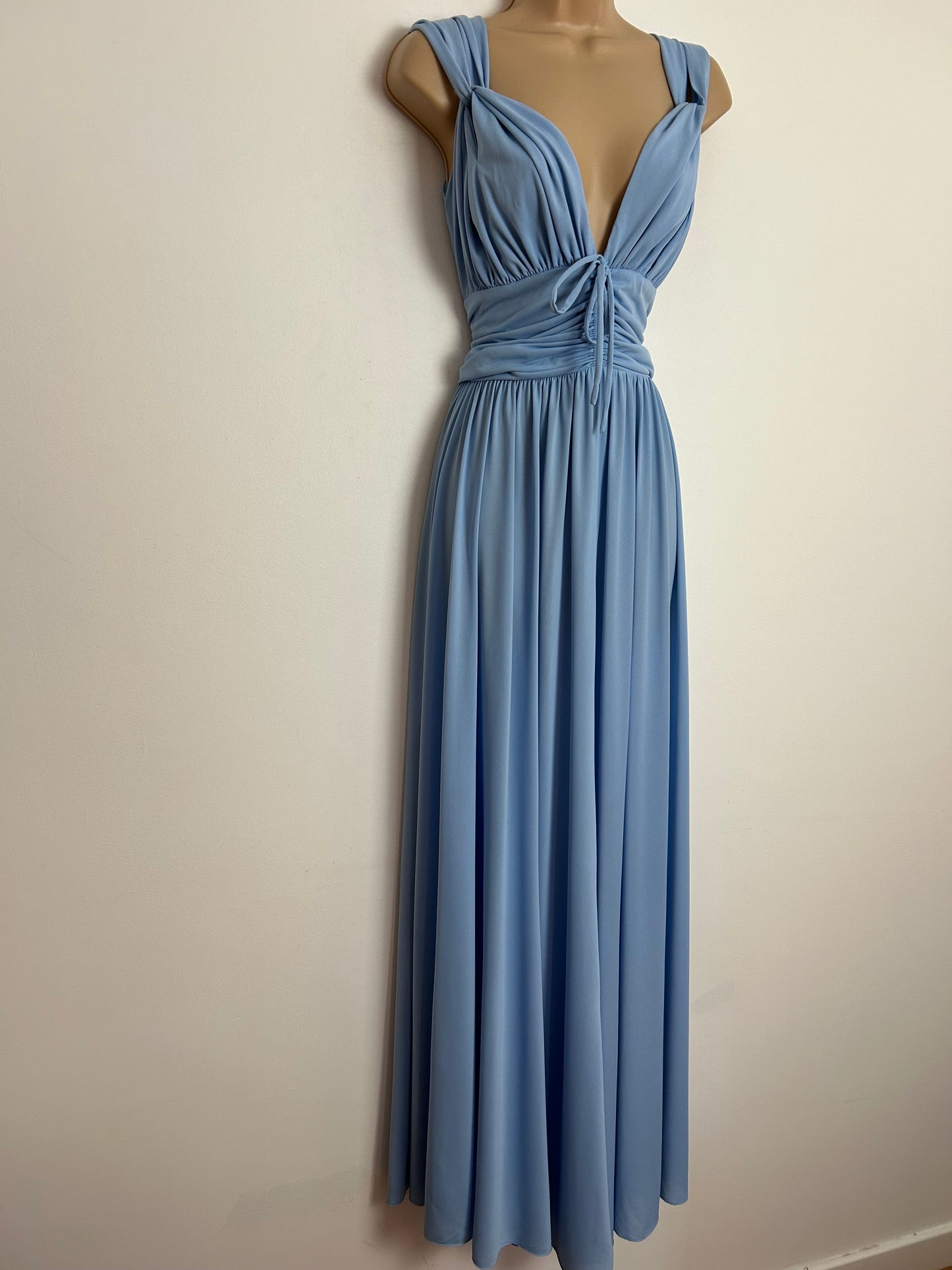 Vintage 1970s JOHN CHARLES UK Size 6-8 Beautiful Powder Blue Plunge Neck Special Occasion Maxi Dress