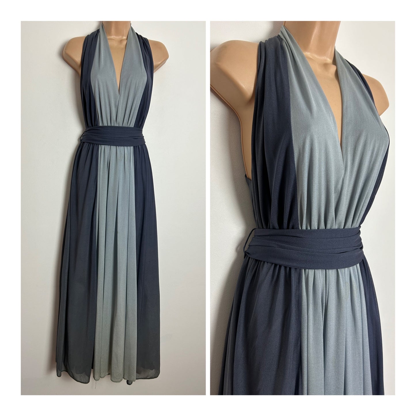 Vintage Late 1970s UK Size 8 Grey Tones Sleeveless Belted Occasion Evening Maxi Dress