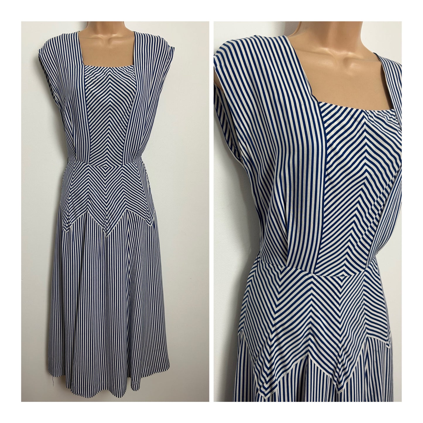 Vintage Late 1950s Size 8 Blue & White Stripe Print Sleeveless Day Dress