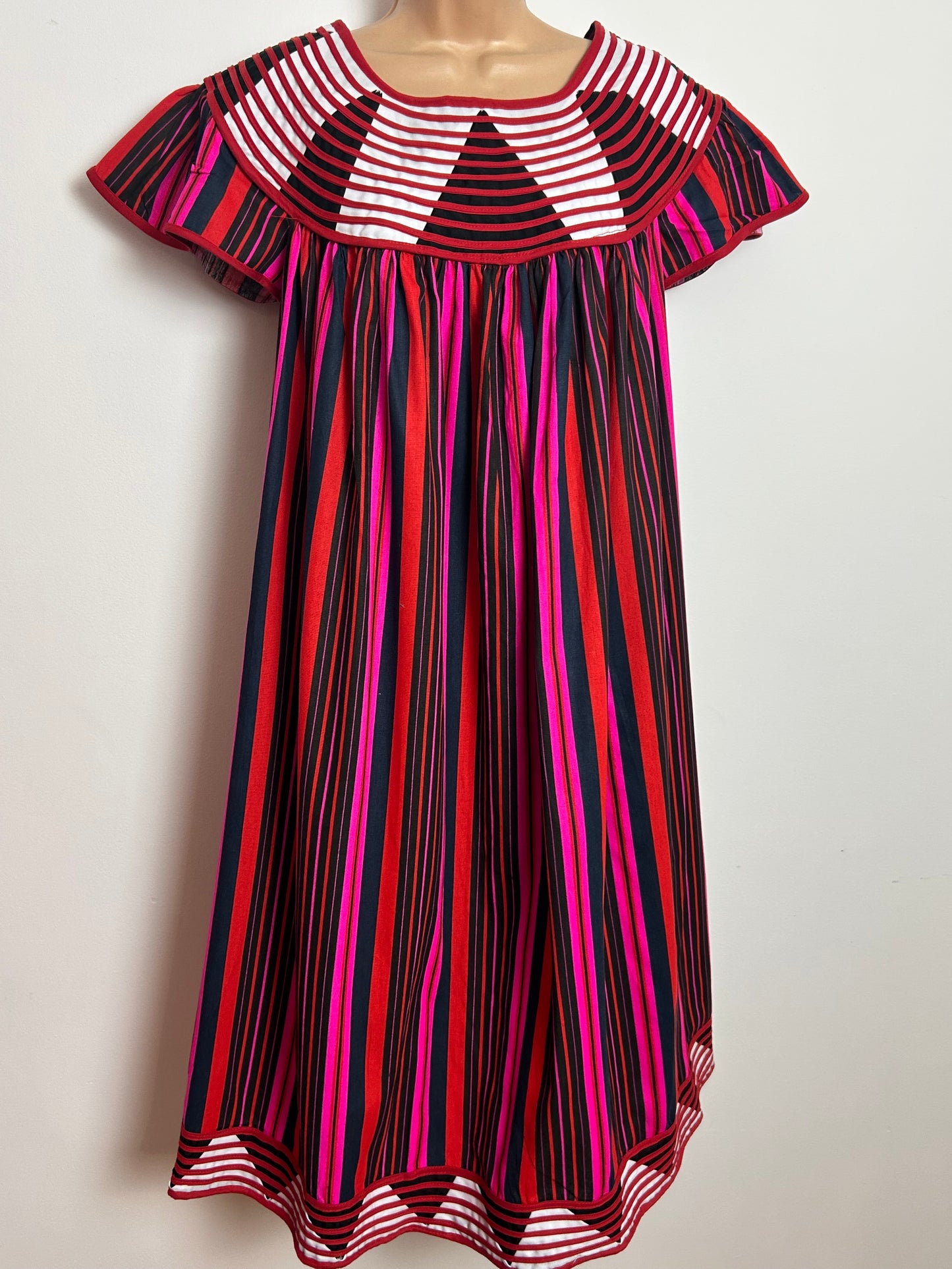 Vintage 1980s Size 12 Black Red Pink Stripe Braid Trim Cotton Smock Style Dress