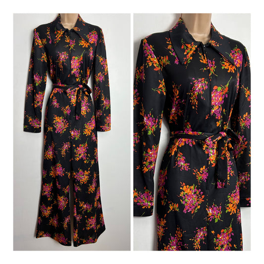 Vintage 1970s UK Size 10-12 Black Orange & Pink Floral Print Wide Leg Belted Jumpsuit