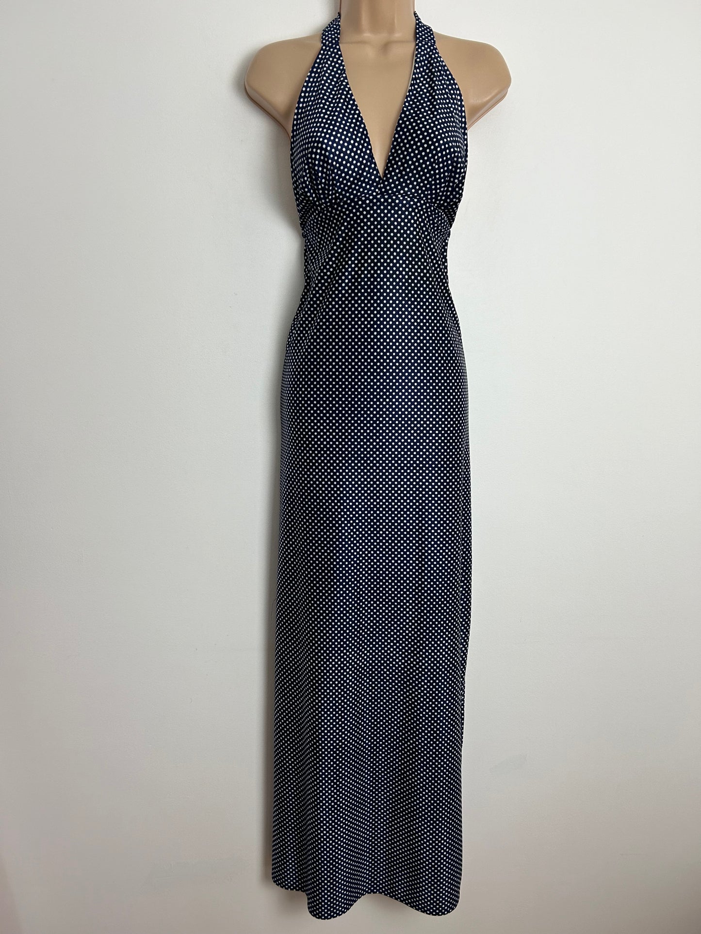 Vintage 1970s UK Size 8 Navy Blue & White Polka Dot Print Halterneck Summer Maxi Dress