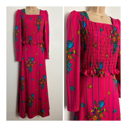 Vintage 1970s BETTY BARCLAY UK Size 10-12 Hot Pink Blue & Orange Stripe & Floral Print Long Sleeve Maxi Dress