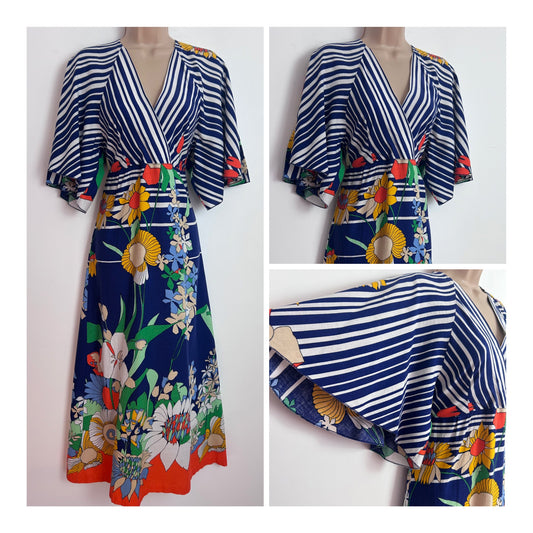 Vintage 1970s UK Size 8 Navy Blue White Orange & Green Floral & Stripe Print Wide Sleeve Cotton Maxi Dress