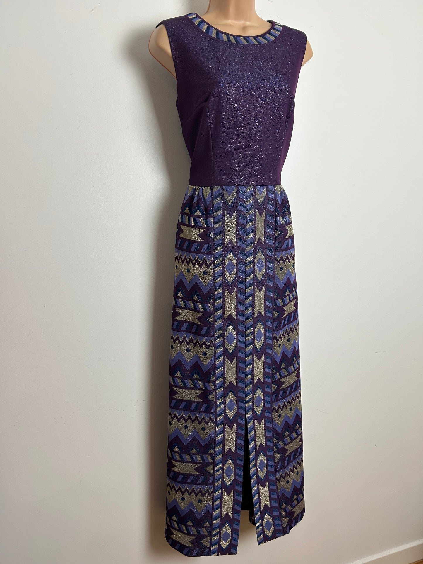 Vintage 1970s Size 12 Purple Blue & Silver Abstract Print Lurex Occasion Evening Maxi Dress