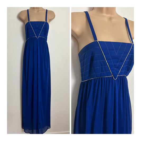 Vintage 1970s MUREK MODELL UK Size 8 Royal Blue & Gold Piping Trim Empire Line Occasion Maxi Dress
