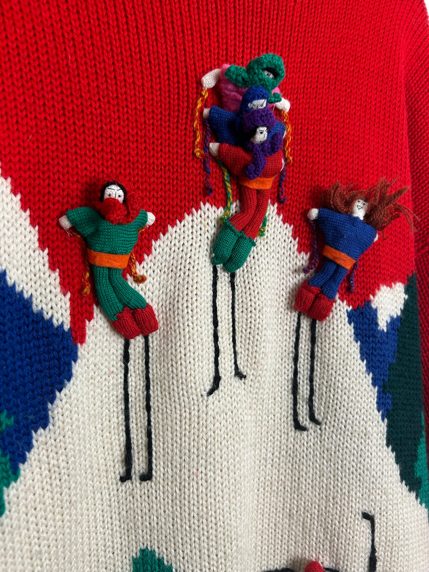 Vintage 1980s Up to Size 14 Super Cute Red & Cream Mountain Scene & 3D Skiing Jumper