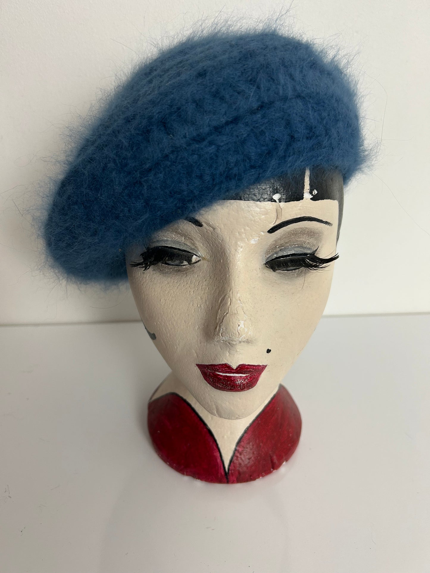 Vintage Dusky Blue Chunky Knit Wool & Angora Mix Beret Style Reversible Hat