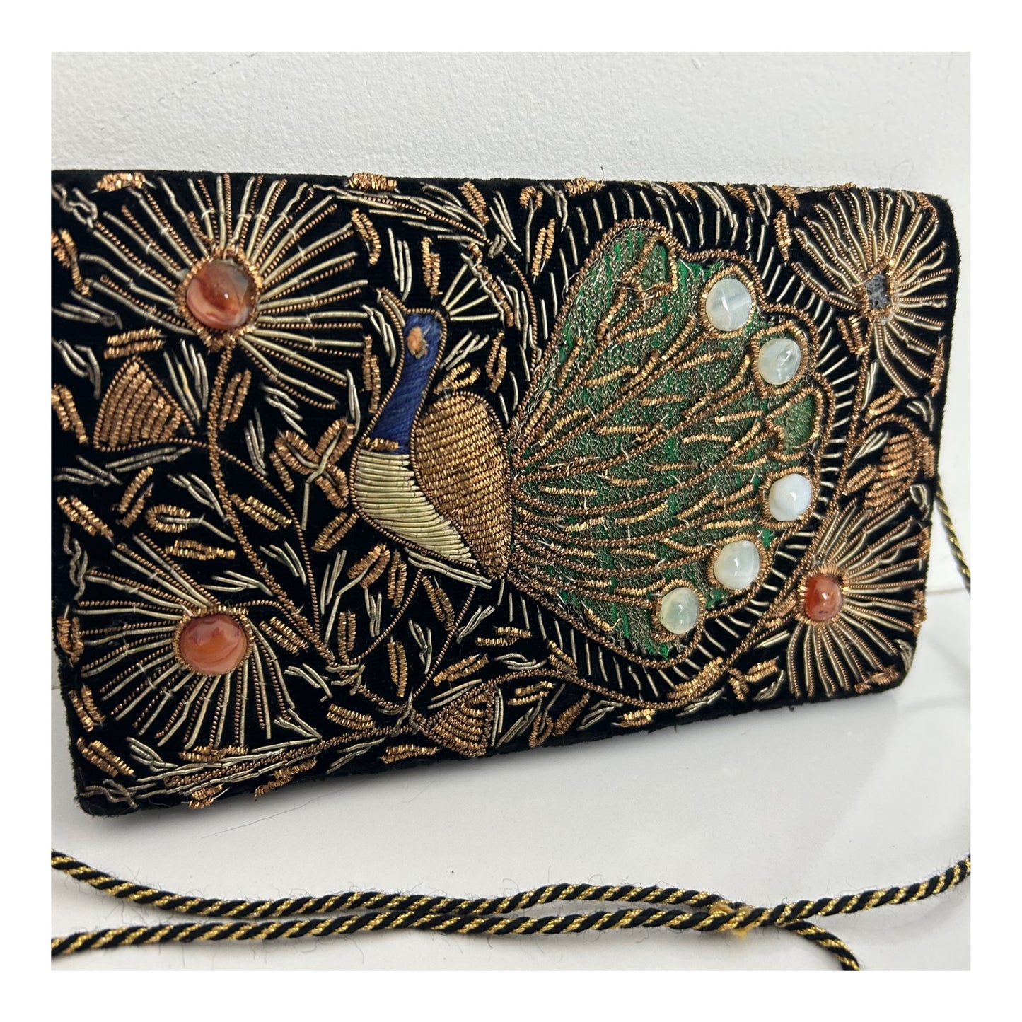 Vintage 1960s Zardosi Black Velvet & Gold Embroidered Peacock Design Shoulder Bag