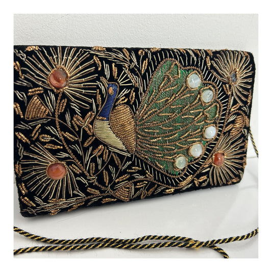 Vintage 1960s Zardosi Black Velvet & Gold Embroidered Peacock Design Shoulder Bag
