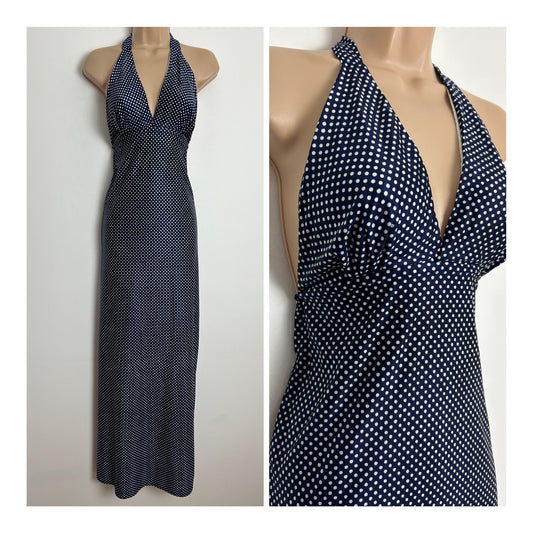 Vintage 1970s UK Size 8 Navy Blue & White Polka Dot Print Halterneck Summer Maxi Dress