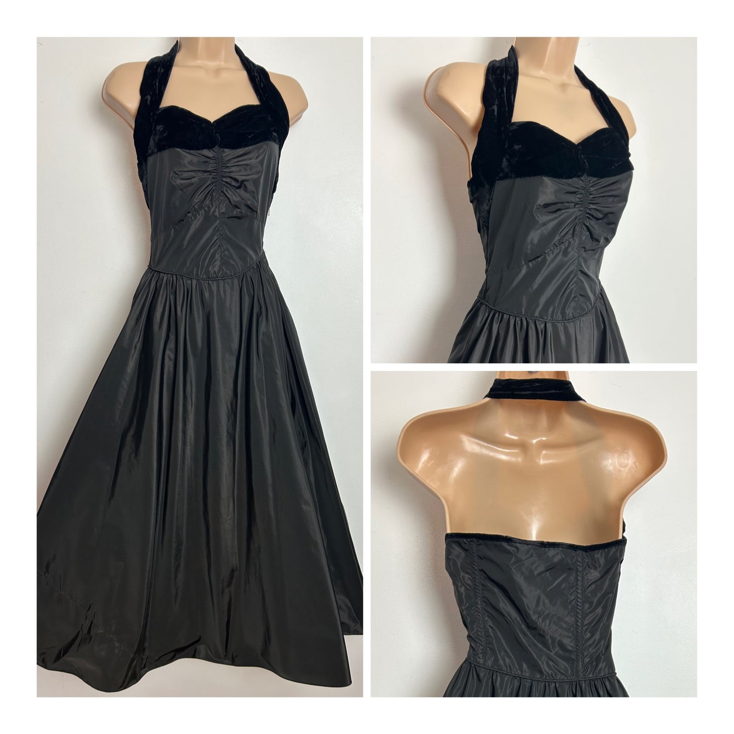 Vintage 1940s Size 6 Black Acetate & Velvet Trim Halter Neck Occasion Evening Xmas Party Dress