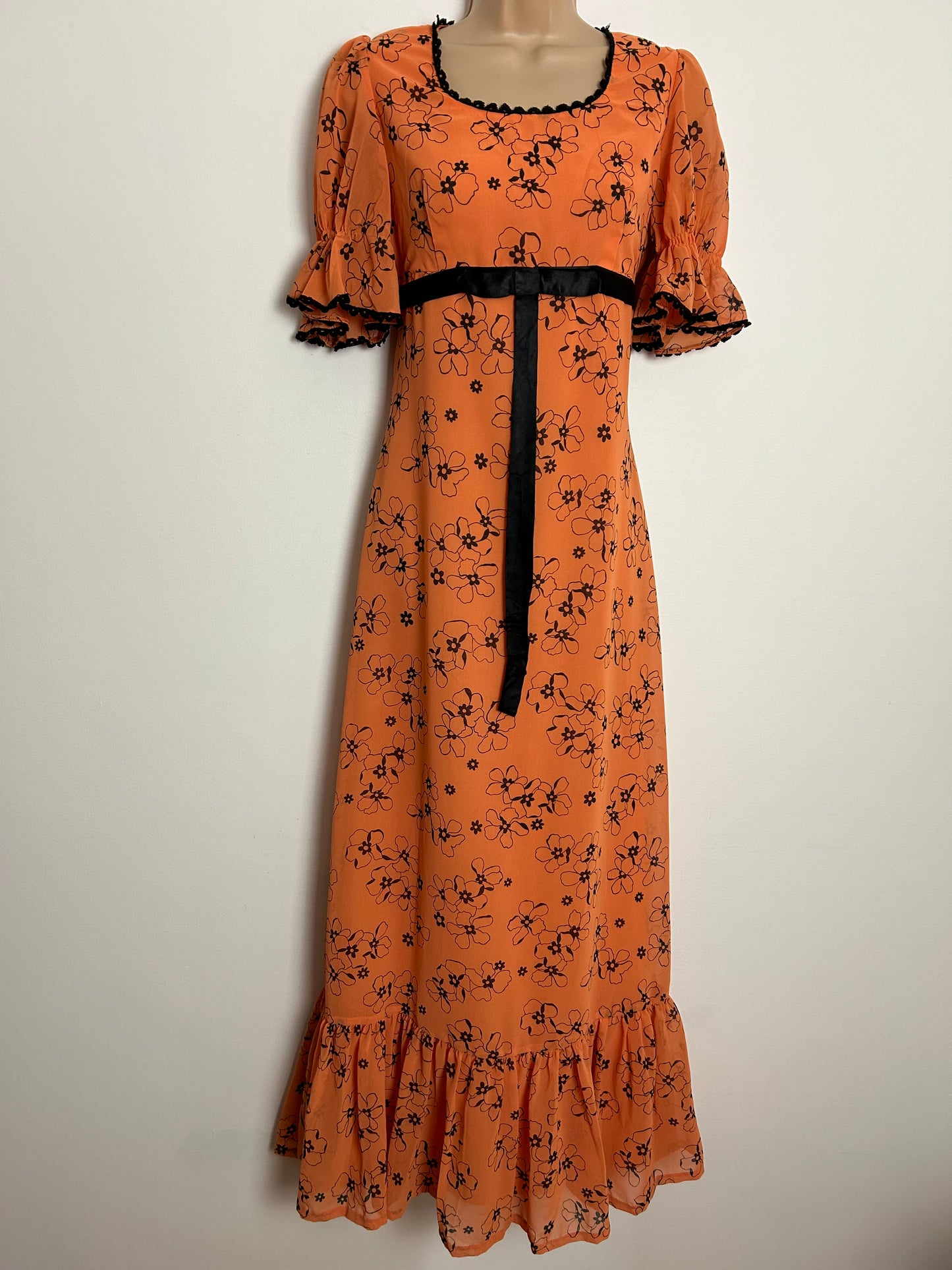 Vintage 1970s UK Size 10 Orange & Black Floral Print Ribbon Trim Short Sleeve Boho Prairie Maxi Dress