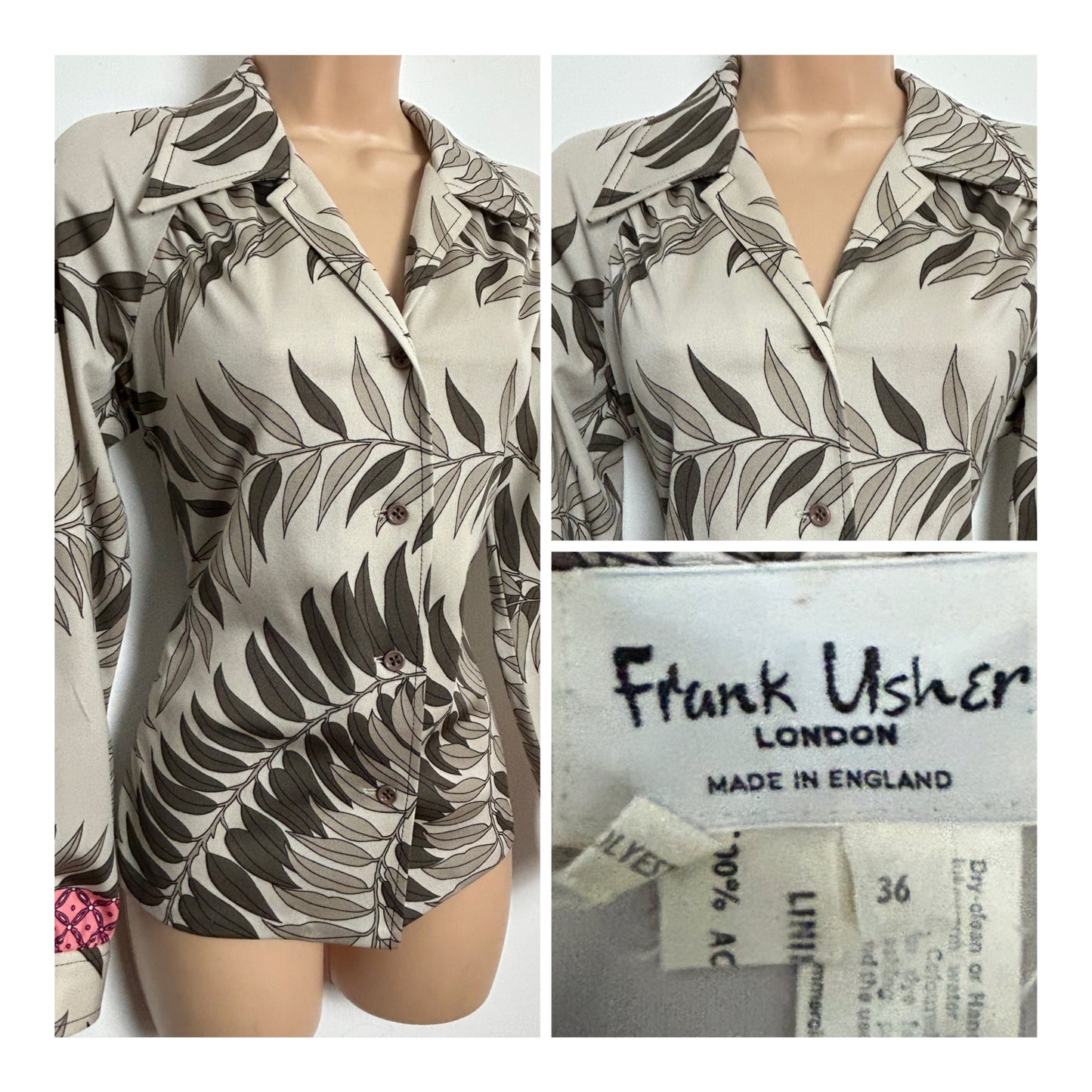 Vintage 1970s FRANK USHER Size 10-12 Beige Brown & Pink Leaf Print Collared Shirt