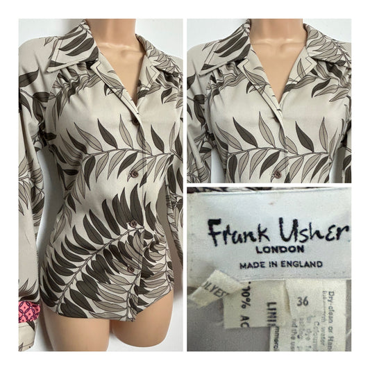 Vintage 1970s FRANK USHER Size 10-12 Beige Brown & Pink Leaf Print Collared Shirt