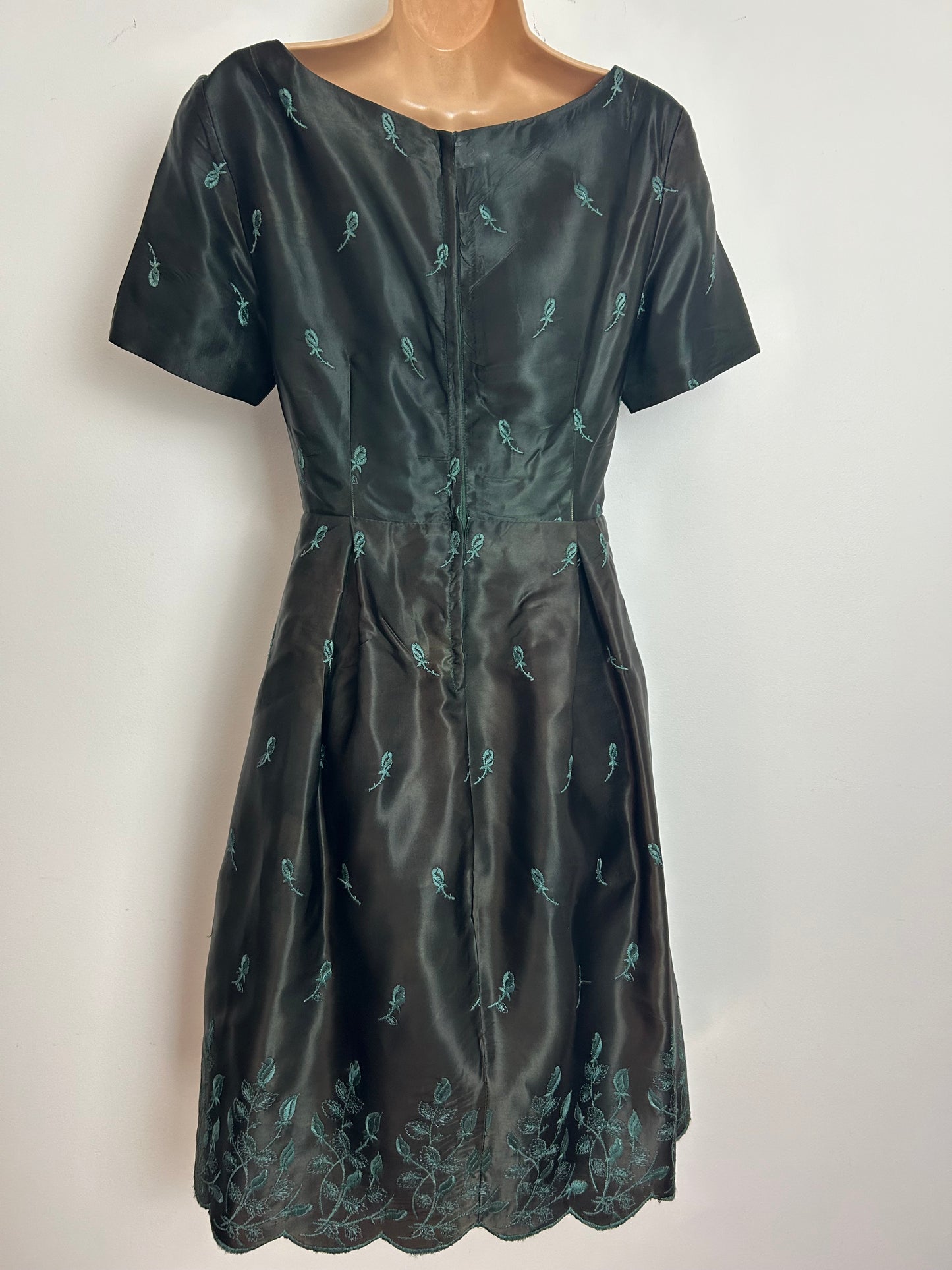 Vintage Late 1950s Size 6-8 Very Dark Green Satin Embroidered Scallop Layered Occasion Dress