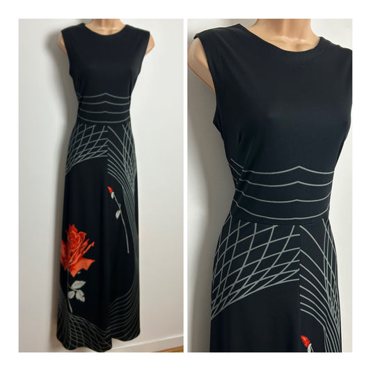 Vintage 1970s ITALIAN Size 10-12 Black Grey & Orange Floral & Stripe Print Sleeveless Maxi Dress