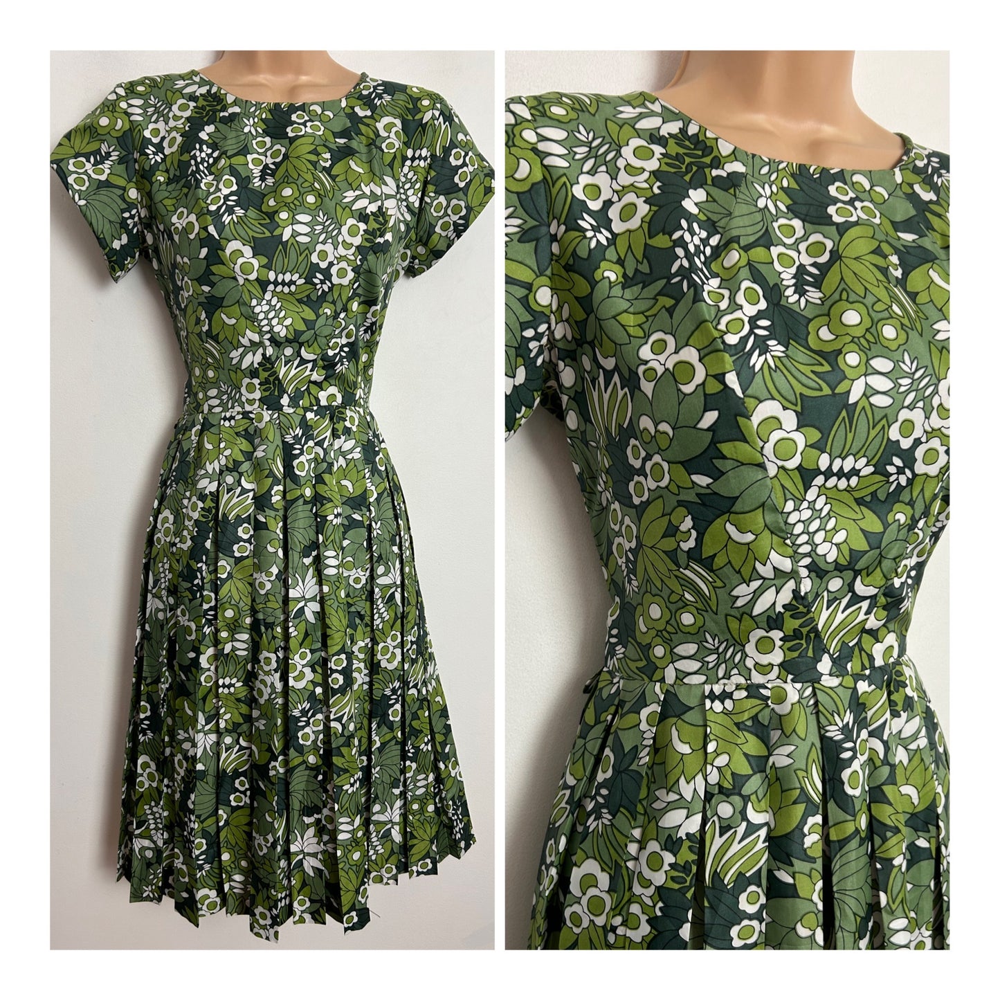 Vintage Late 1950s/Early 1960s A JOHN BAXTER GARMENT UK Size 8 Green & White Floral Print Short Sleeve Pleated Day Dress