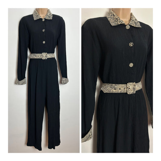 American Vintage 1980s VISAGE UK Size 12-14 Black Crinkle Fabric Leopard Print Contrast Belted Jumpsuit