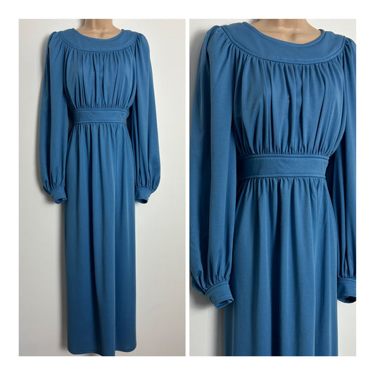 Vintage Late 1970s AFTER SIX BY RONALD JOYCE UK Size 10-12 Powder Blue Long Sleeve Gather Pleated Maxi Dress