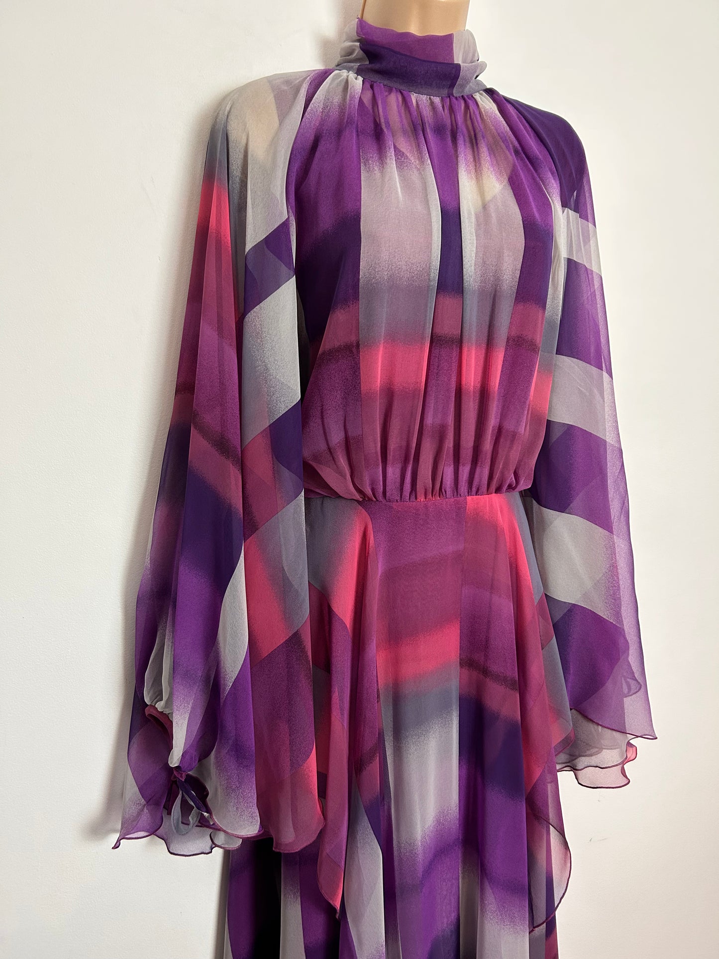 Vintage 1970s UK Size 12 Stunning Purple Pink & Grey Stripe Print HUGE Flared Cape Sleeves Occasion Maxi Dress